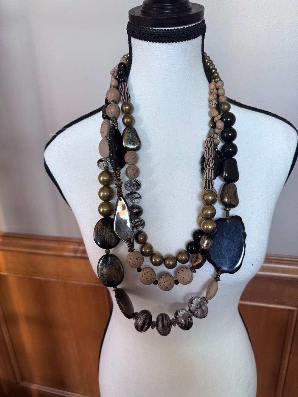 Chico's Multi Strand Statement Necklace Brown Black Beaded Boho